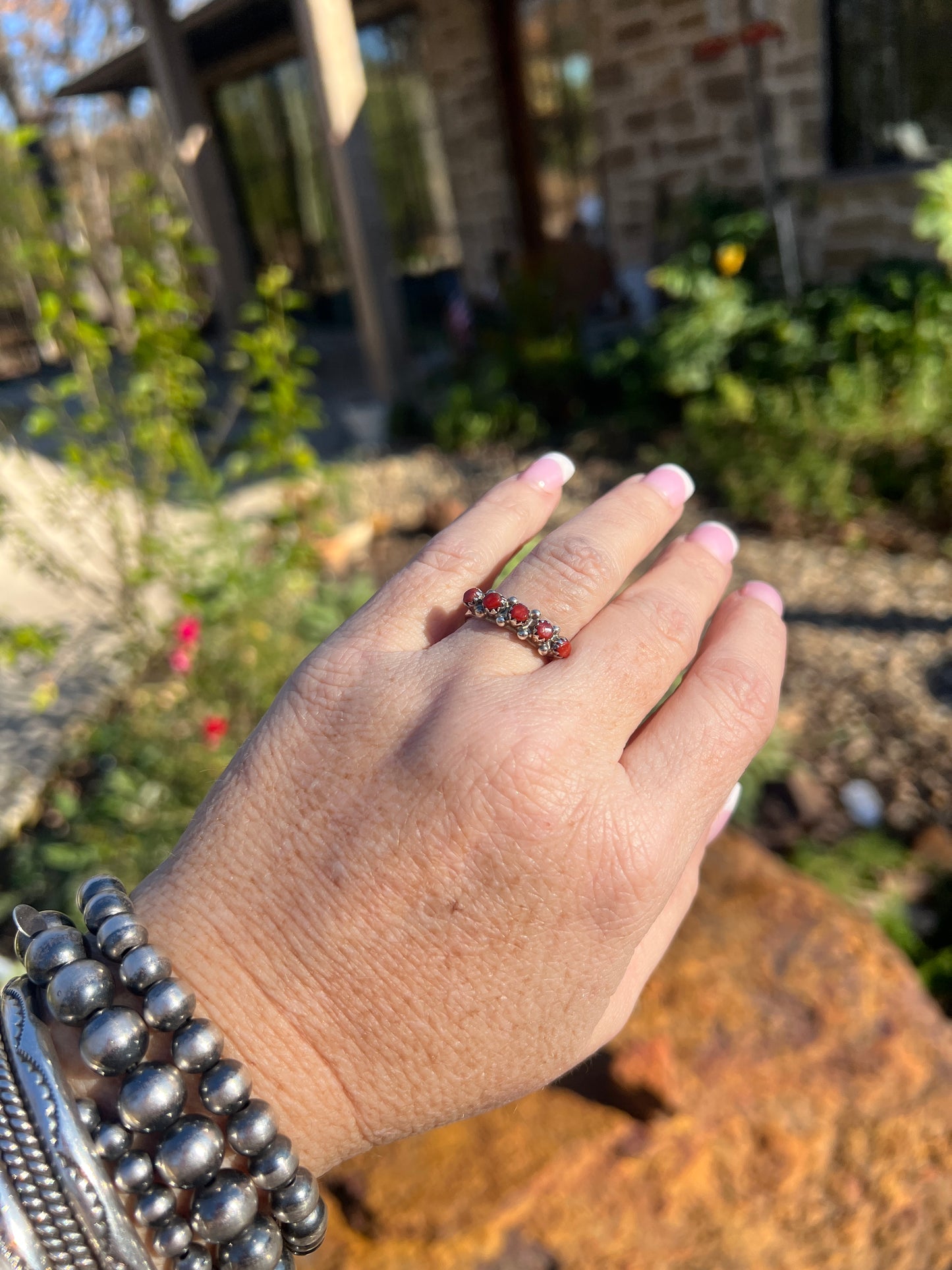 Zuni Snake Eye Coral Cluster Ring Size 7.5 Sterling Silver