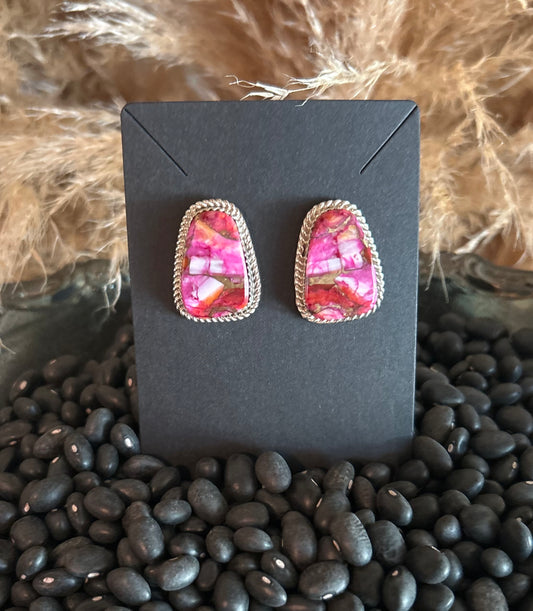 Authentic Rose Dahlia Post Earrings with Rope Design by Navajo Artist Gabby Jim