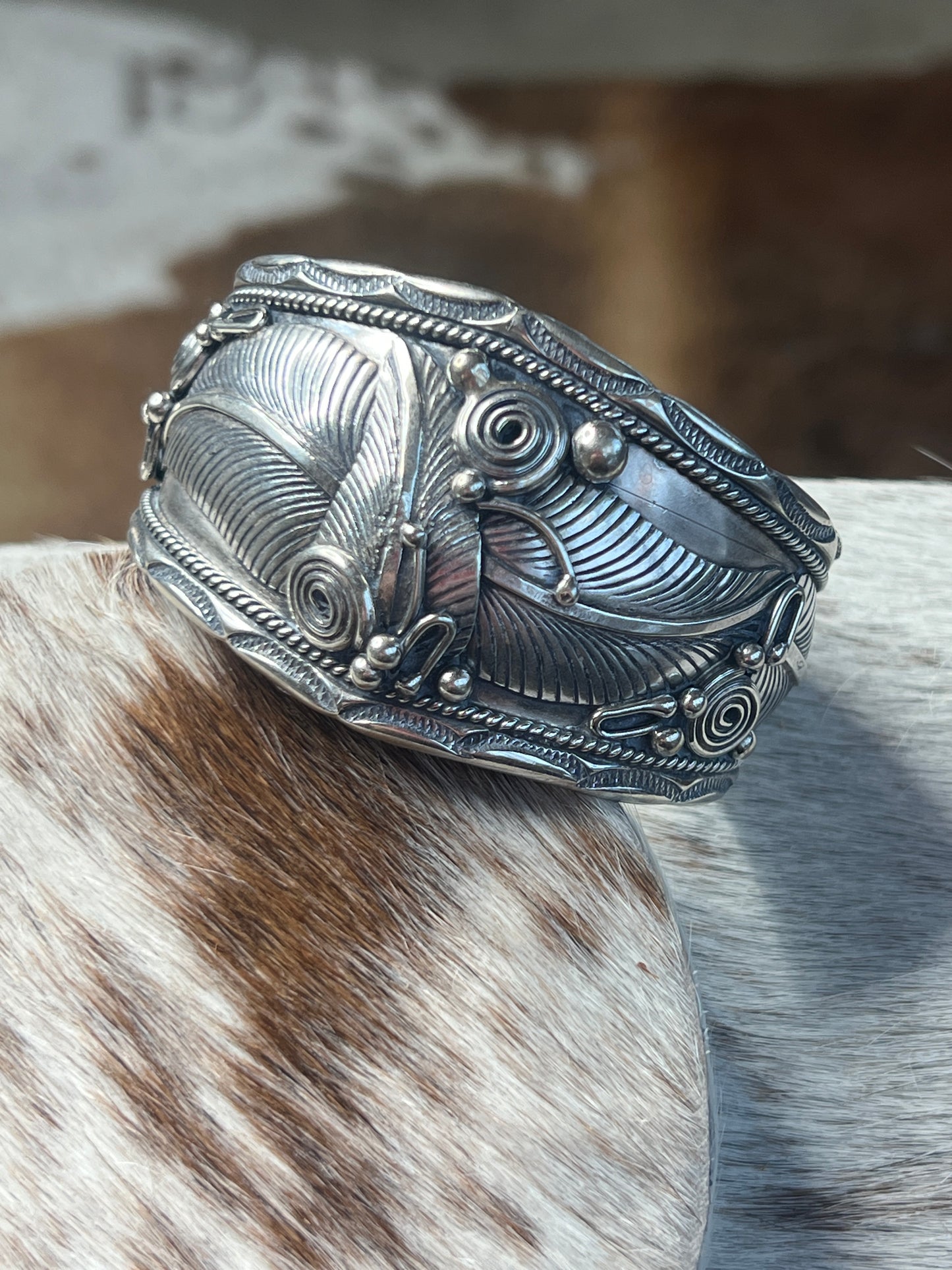 Native American Navajo Sterling Silver Feather Bracelet by Darrell 
Morgan