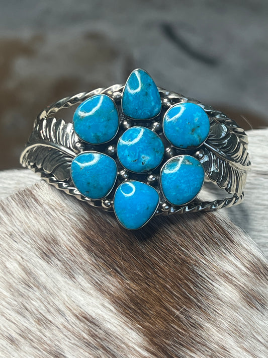Blue Turquoise Sterling Silver Leaves Navajo Cuff Bracelet