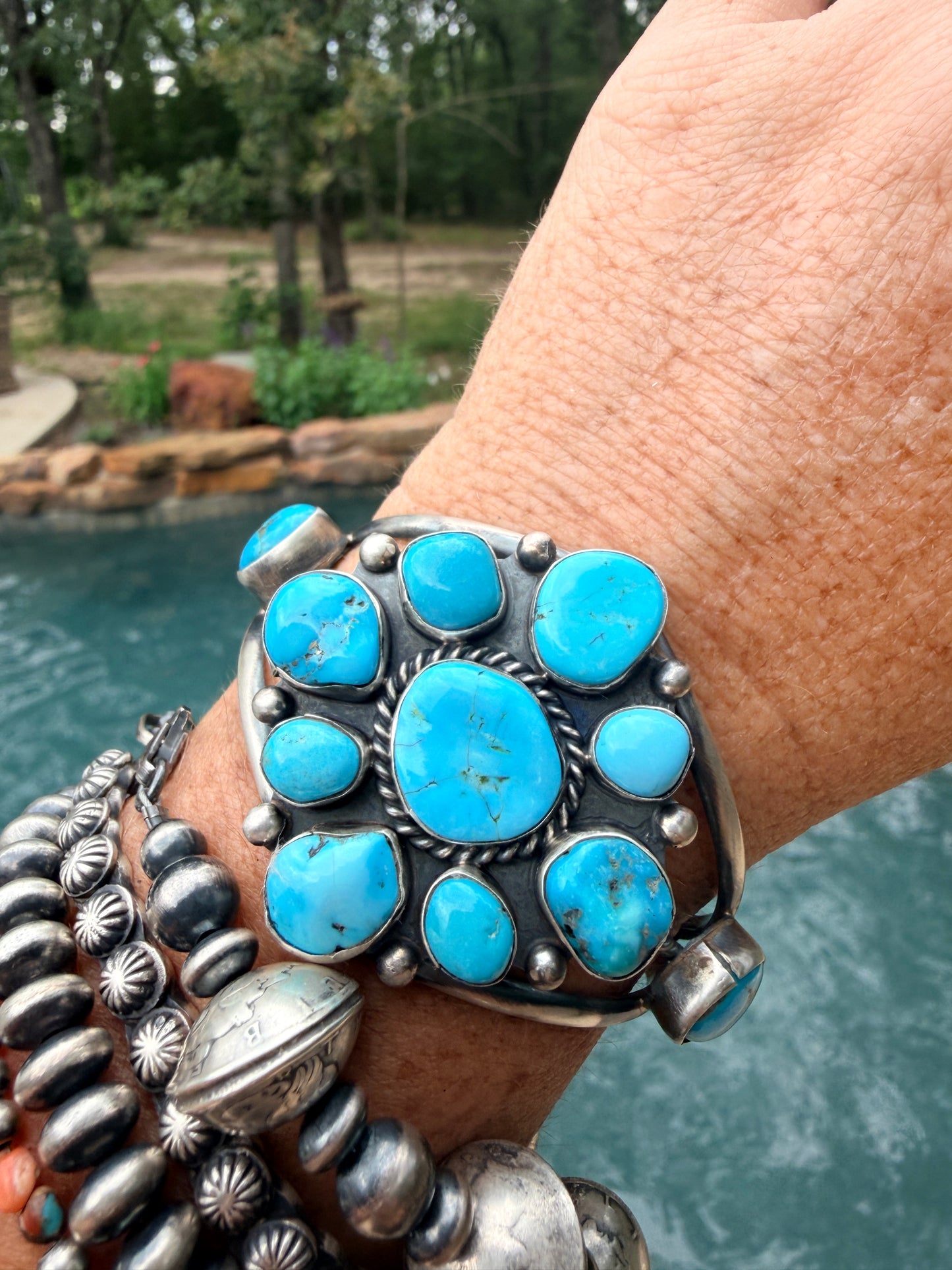 Navajo Turquoise Sterling Multi Stone Cuff Bracelet by Wilson Dawes