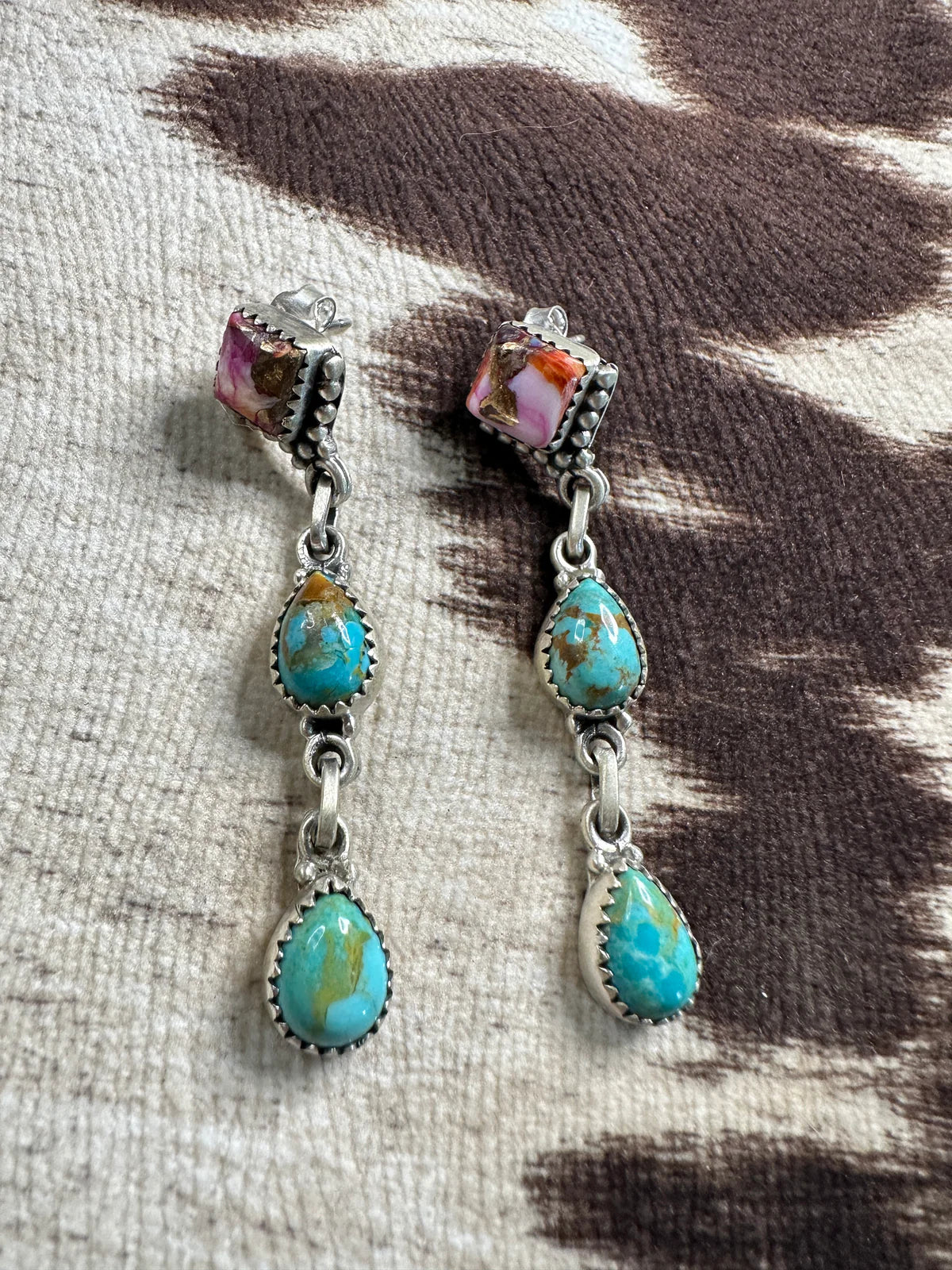 HANDMADE STERLING SILVER, PINK DREAM & TURQUOISE POST DANGLE EARRINGS