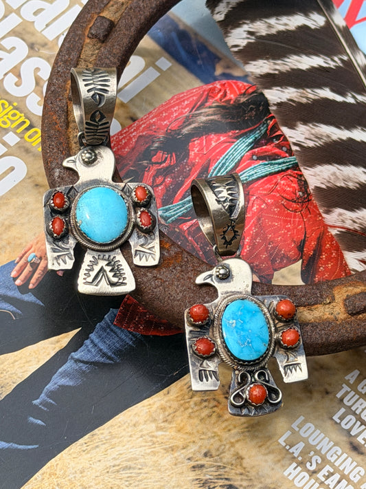 Richard Yazza Turquoise and Coral Thunderbird Pendant
