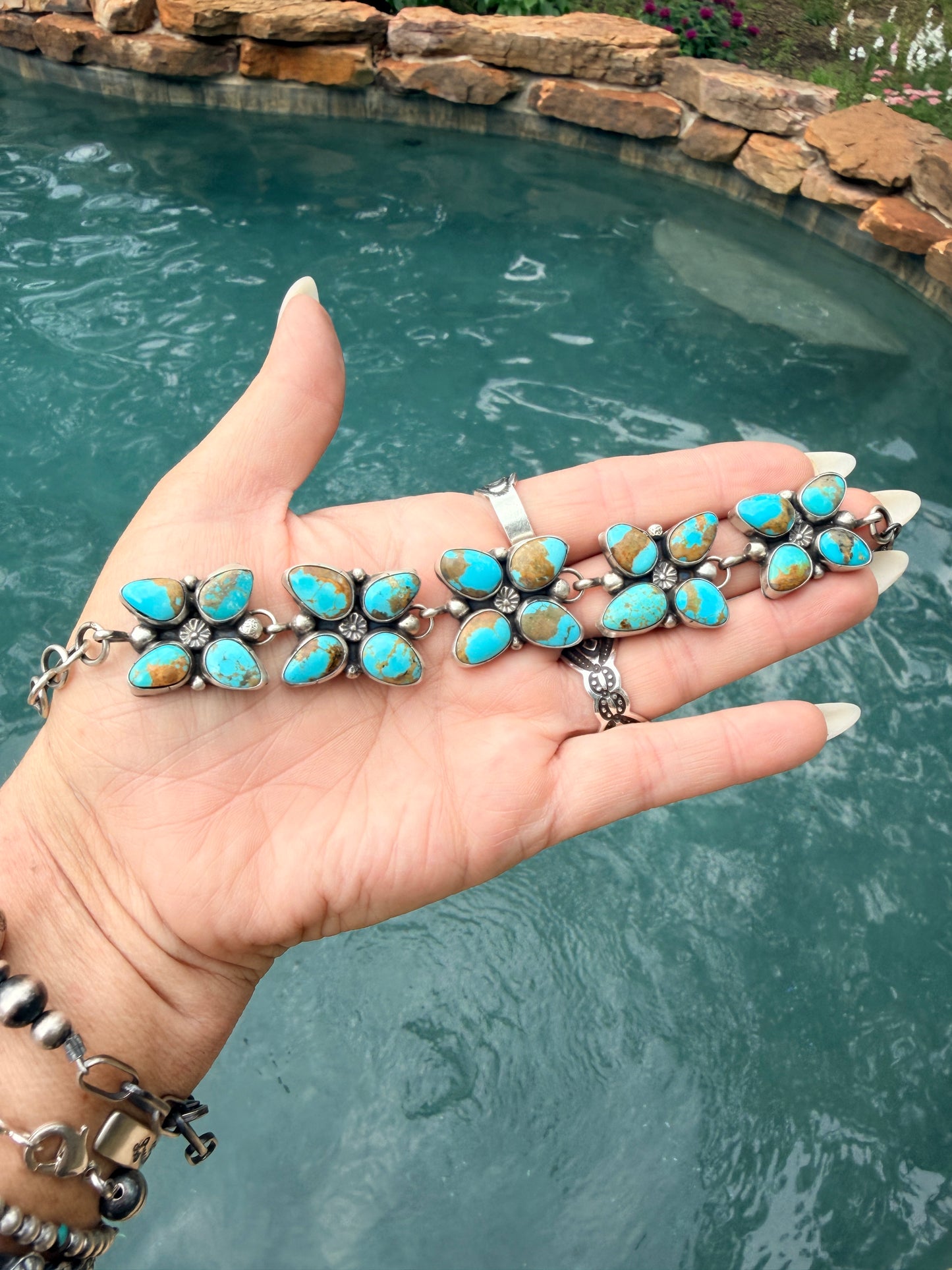Native Made 20 stones, 5 clusters with Sterling Silver Beading and Starbust Bracelet