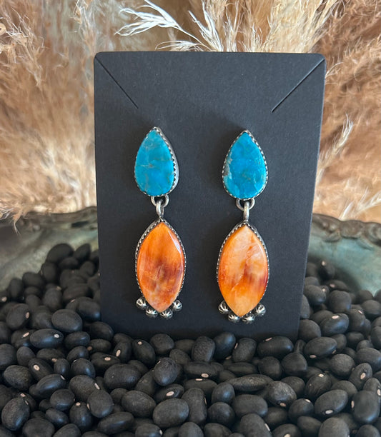 Authentic Gorgeous 2 Stone Turquoise and Orange Spiny Oyster Earrings