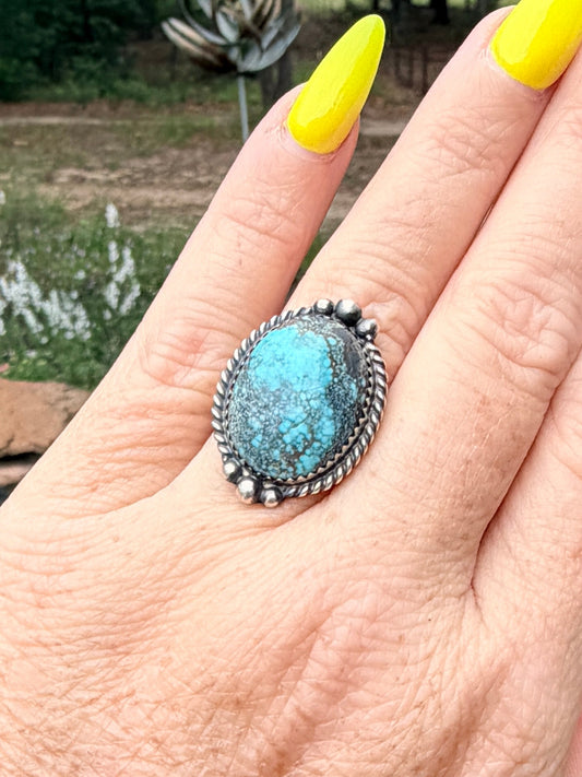 Native American Sterling Silver Spider Web Turquoise Ring By Charlie Yazzie . Ring size: 7