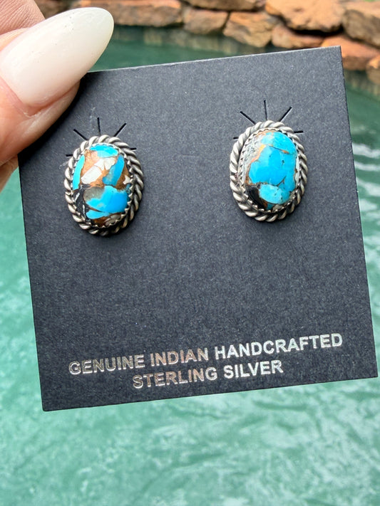 AUTHENTIC HANDCRAFTED STERLING SILVER & BLUE MOJAVE STUD EARRINGS