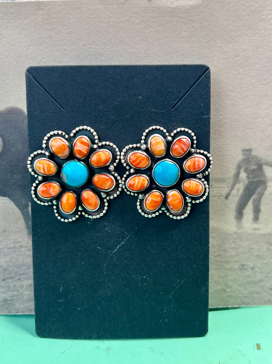 Orange Spiny and Turquoise Cluster Studs
