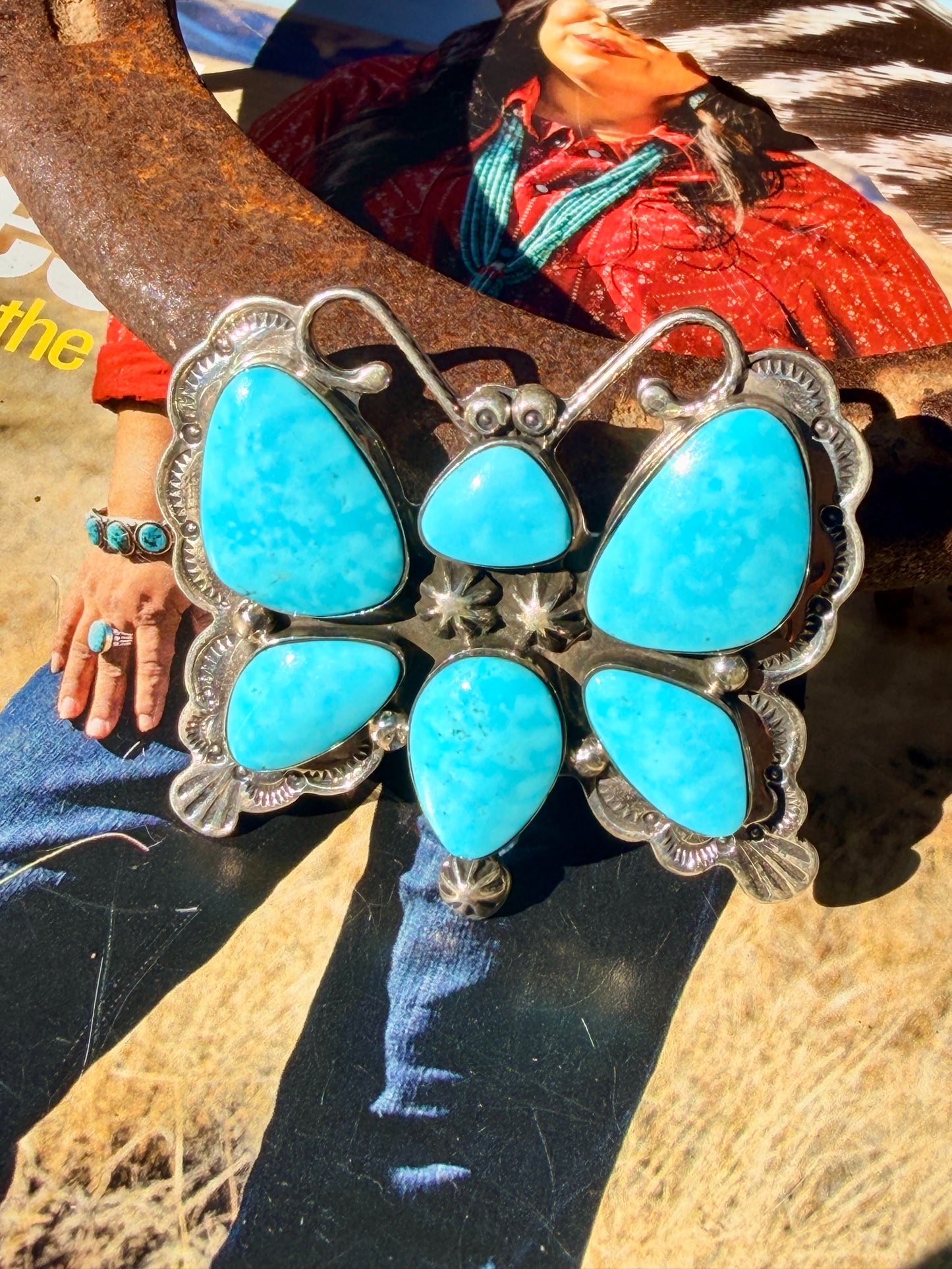 Native Made Kingman Turquoise Butterfly Pendant with Shepherds Hook by Emerson Degarito