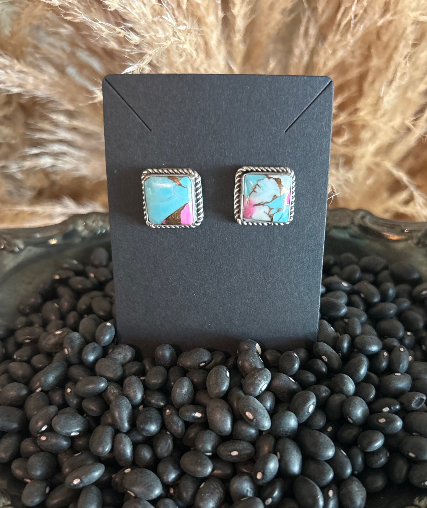 Cotton Candy Stud Earrings with Rope Design by Native Artist Judith Dixon