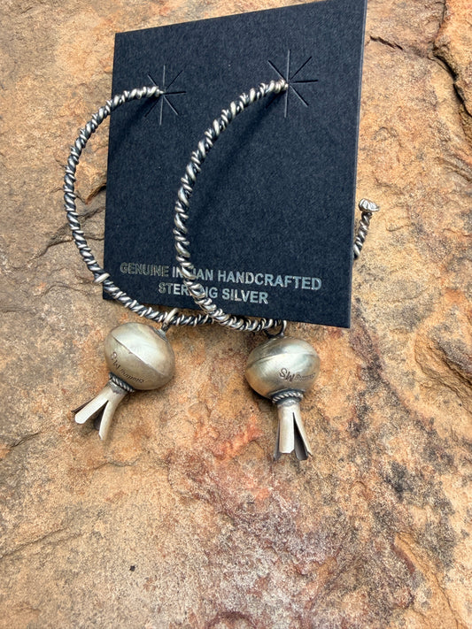 Navajo Squash Blossom Twisted Hoop Earrings Handmade by Monica Smith