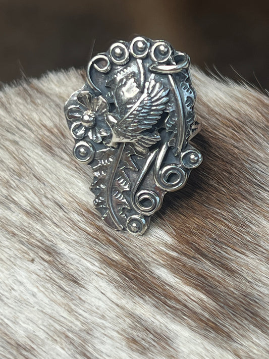 Navajo Sterling Silver Floral and Eagle Ring By Harry B.Yazzie