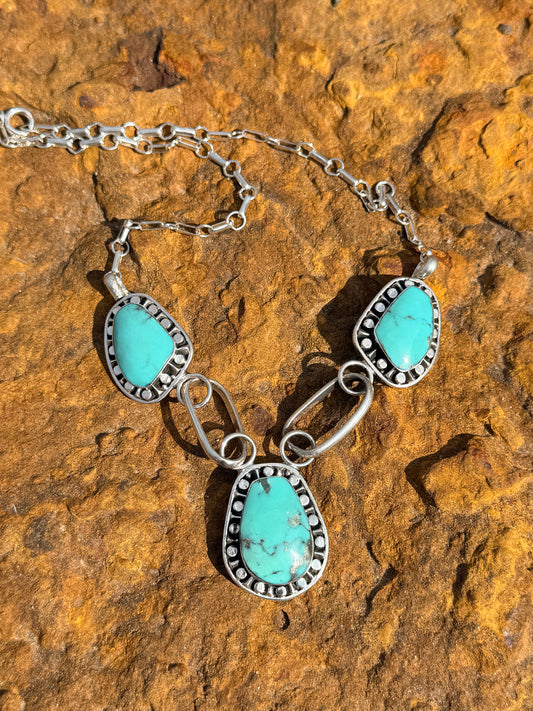 Authentic Turquoise Native Made 3 Stone Necklace