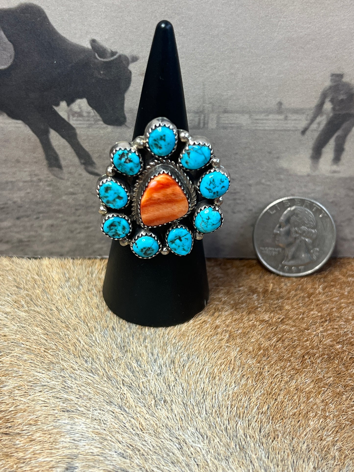 Navajo Cluster Orange Spiny Oyster Kingman Turquoise Sterling Silver