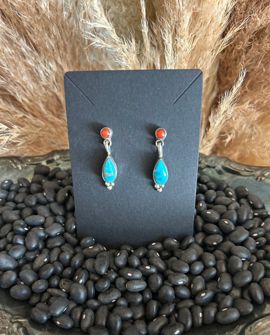 Dainty Turquoise and Coral Earrings by Gary Shorty