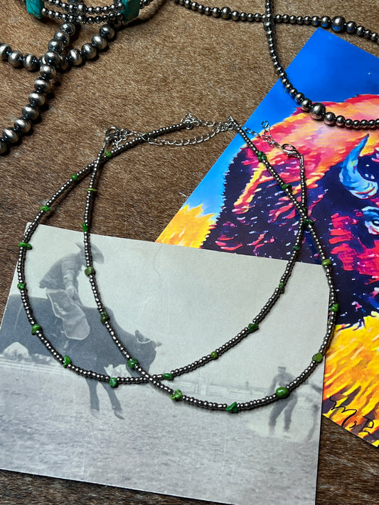 Green Turquoise Glass Seed Bead Necklace – 14 Inch