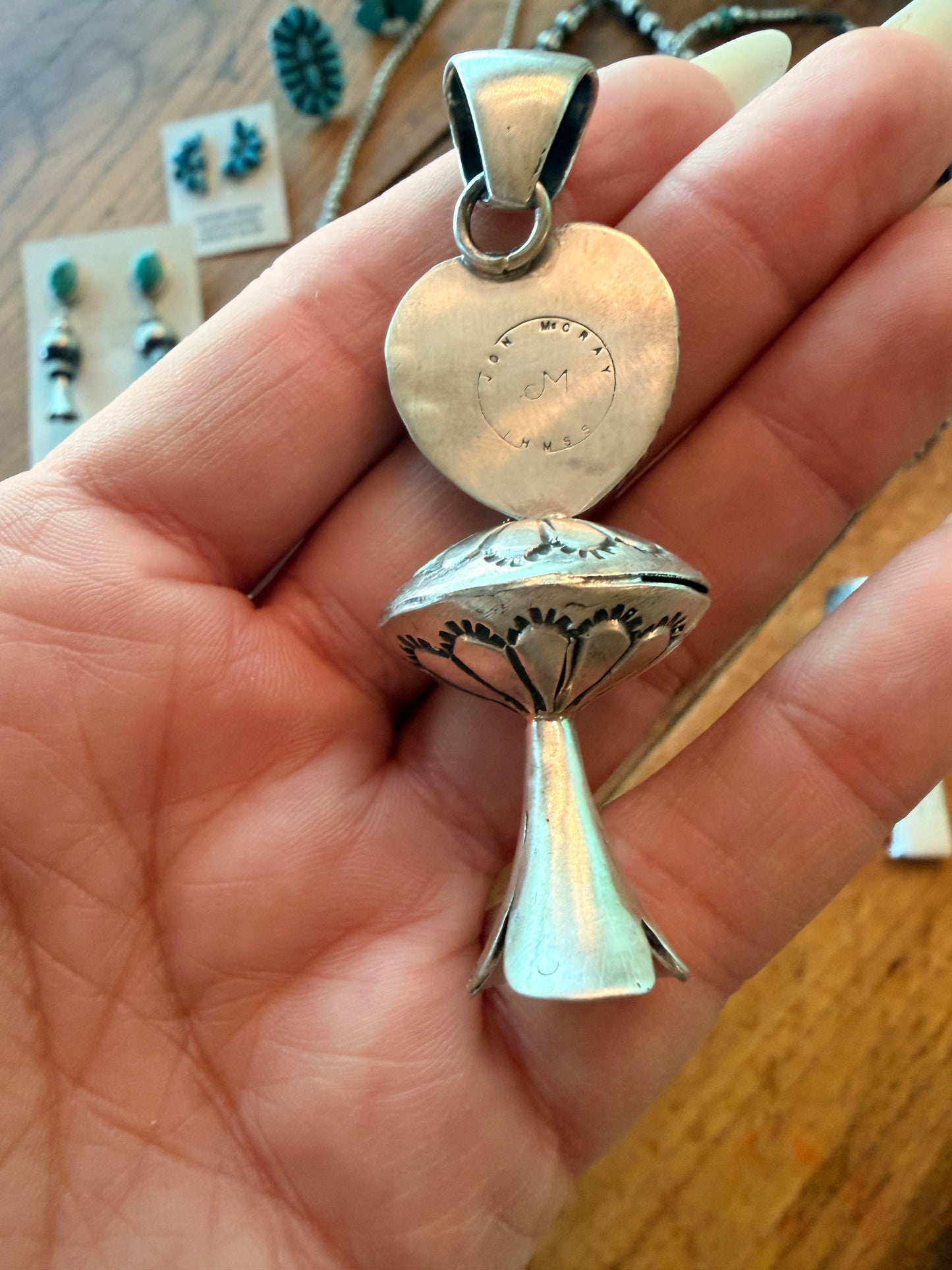 Native Made Sterling Silver & Queen Pink Conch Heart Blossom Pendant by Jon McCray