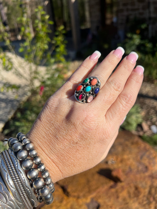 HANDCRAFTED MULTI STONE & STERLING SILVER RING Size 8