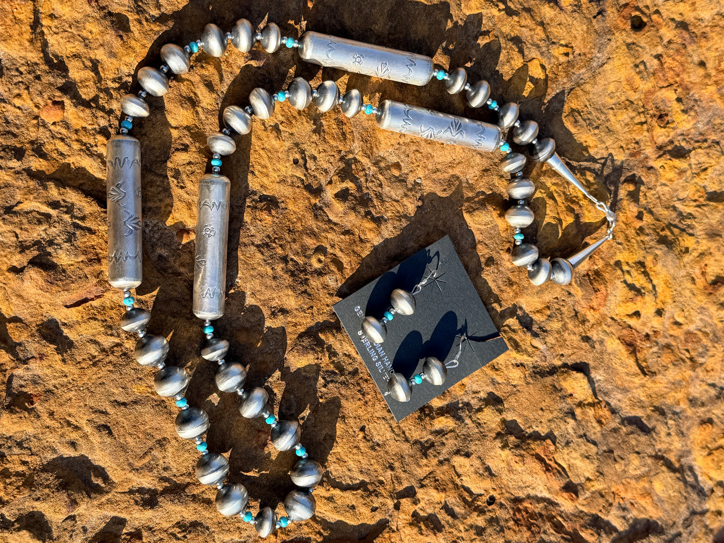 32" Navajo Pearl Necklace w Square Beads + Stamped Barrels