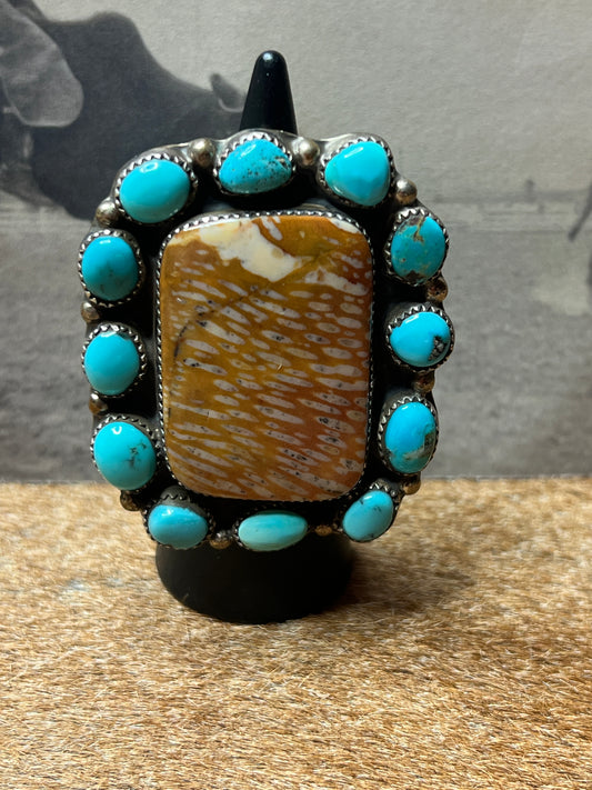 Extra Large Rare Deer Fawn Jasper and Turquoise Cluster Ring size 8.5