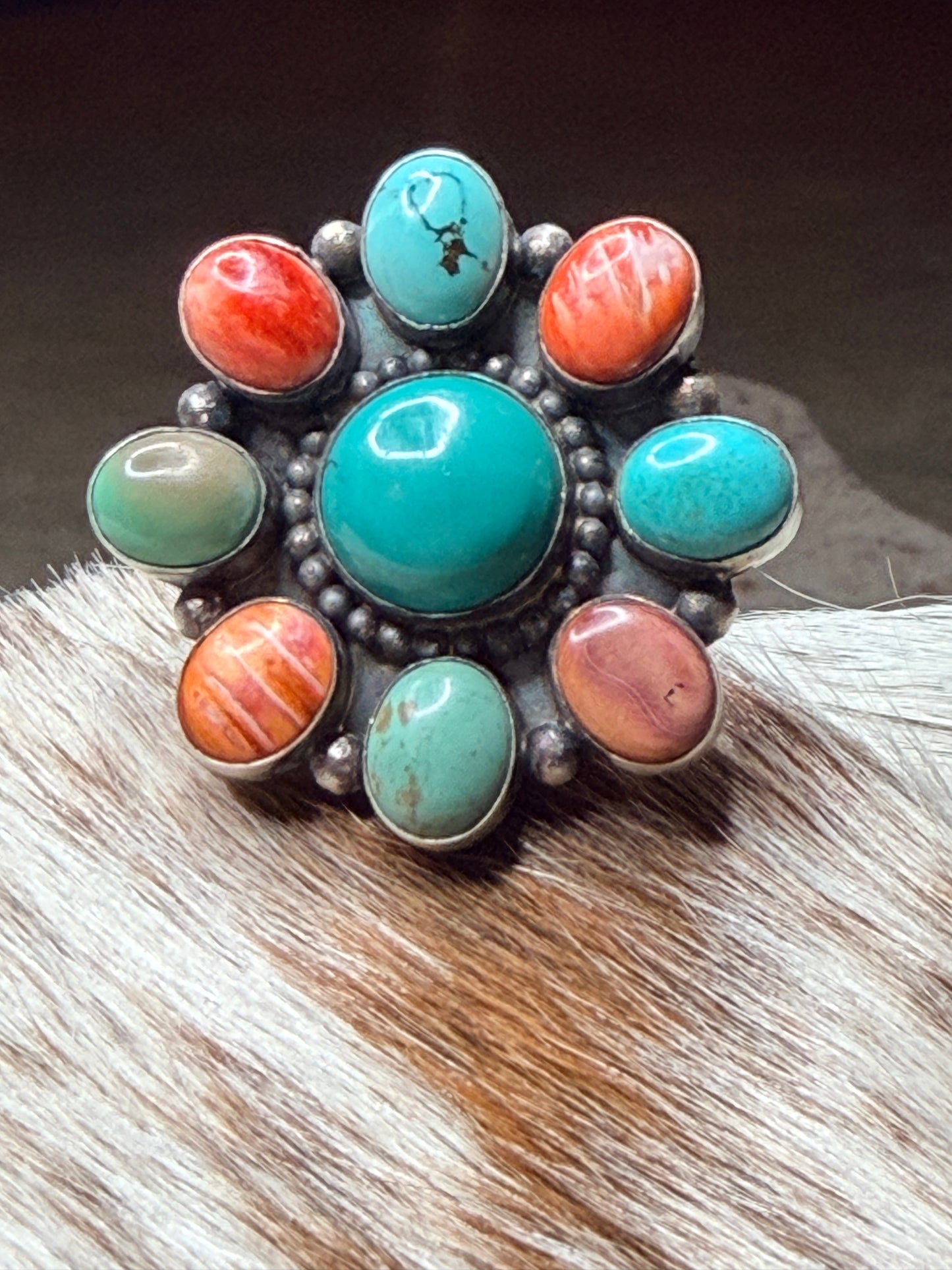 Turquoise and Orange Spiny Adjustable Navajo Cluster Ring by Wilson Dawes