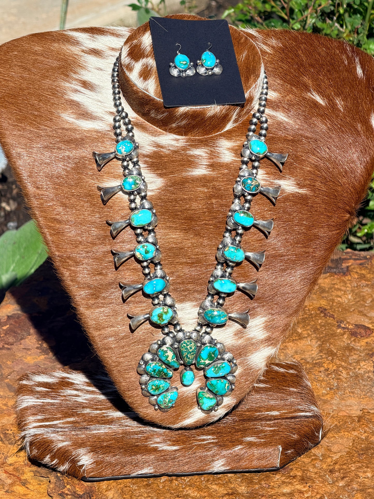 Authentic Native America Navajo Sterling Silver Sonora Gold Turquoise Squash Blossom Necklace & Earring's By Kee J