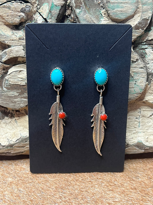 Native Turquoise and Coral Feather Earrings