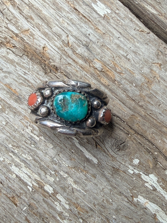 Vintage Turquoise and Coral Ring size 9
