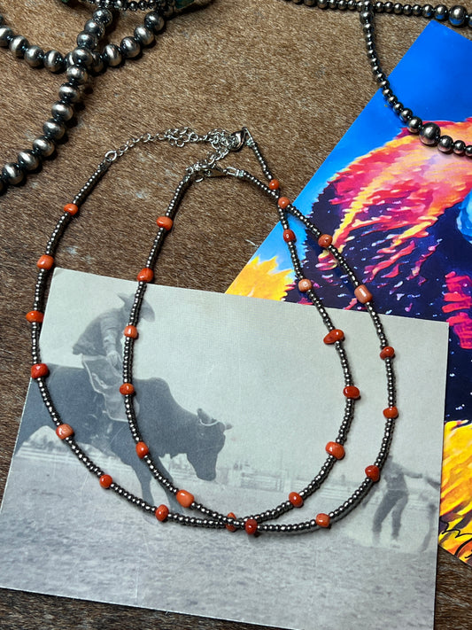 Antique Silver Seed Bead & Dyed Red Coral Choker – 14”