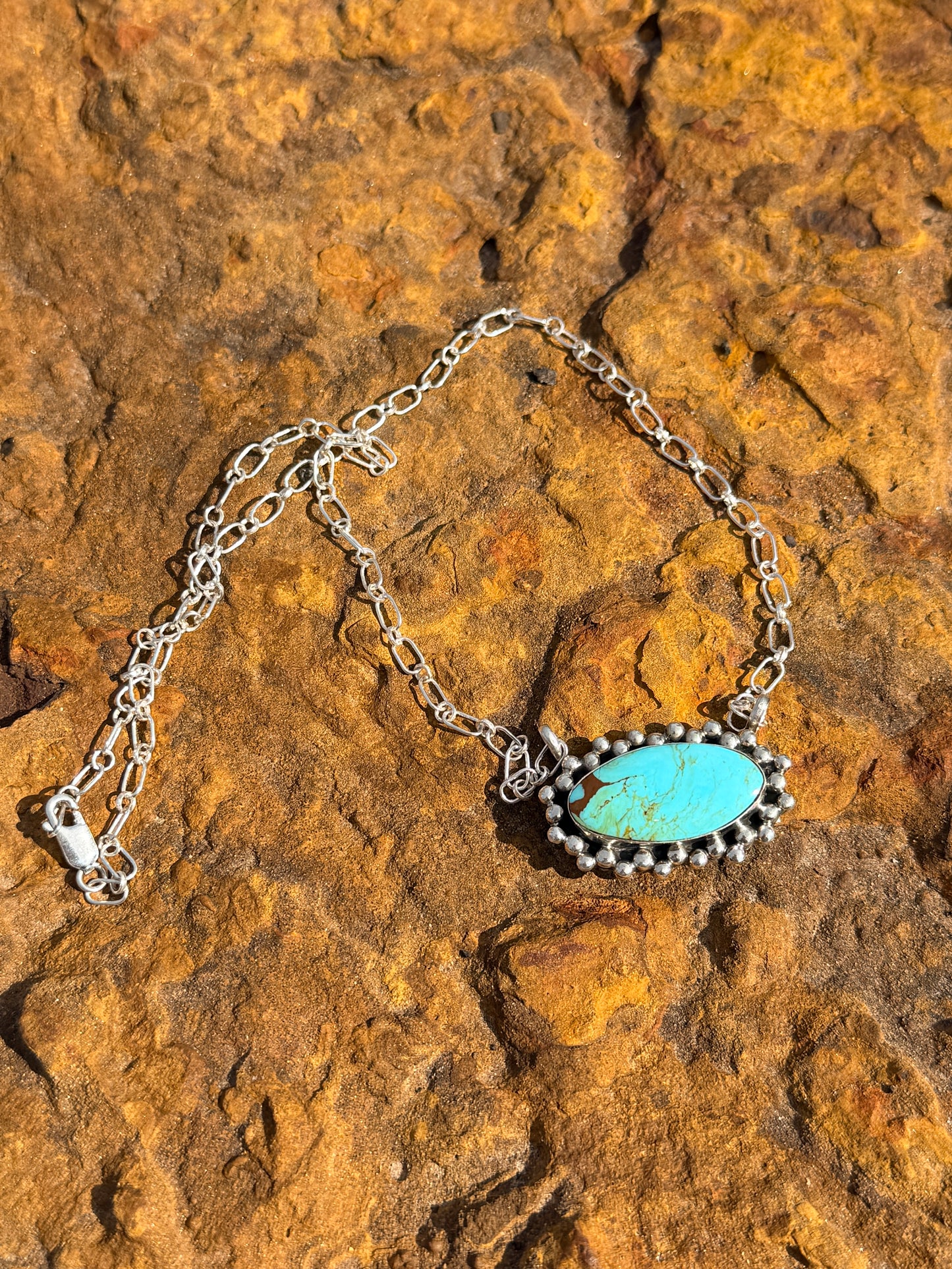 Kingman turquoise oval bar station necklace sterling silver Gregg Yazzie