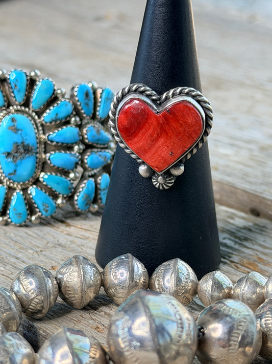 Authentic Adjustable Native Made Navajo Sterling Silver Spiny Oyster Heart Ring By I Kee.