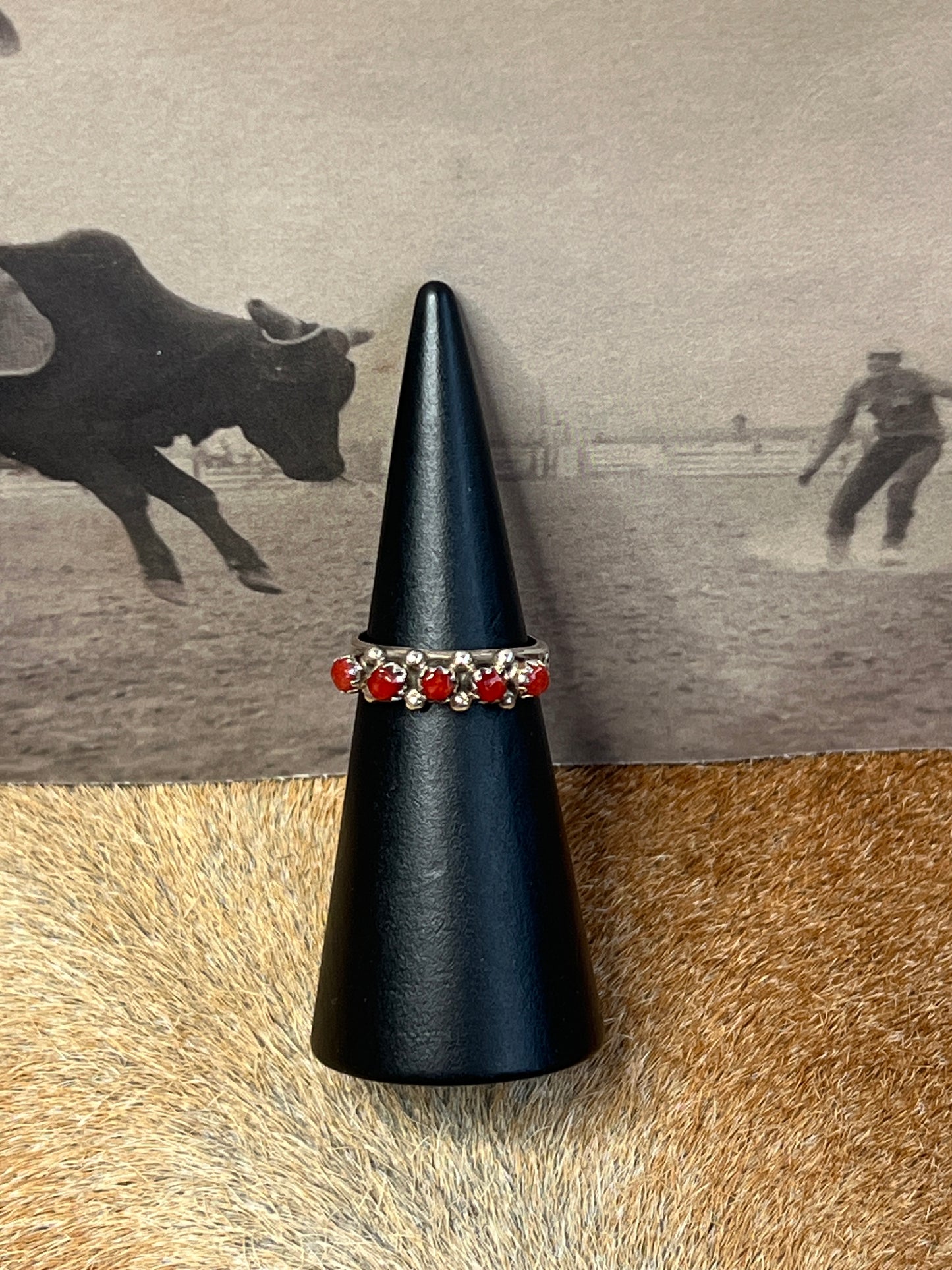 Zuni Snake Eye Coral Cluster Ring Size 7.5 Sterling Silver