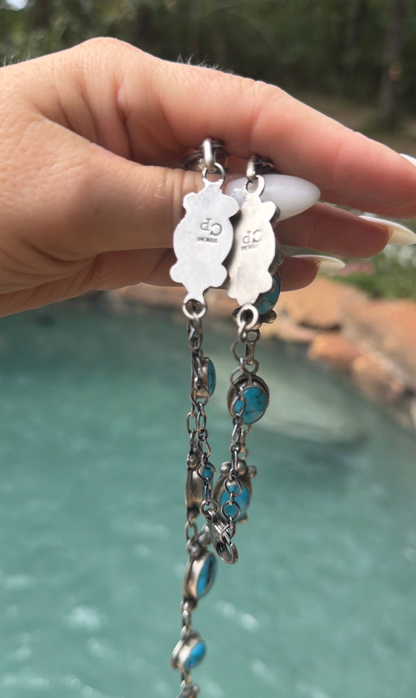 Native Made Egyptian Prince Turquoise & Sterling Silver Lariat Necklace & Earring Set