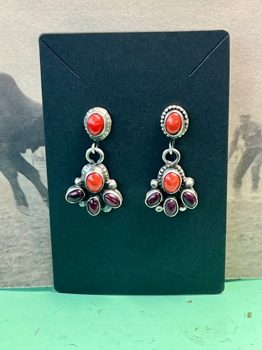 Navajo Sterling Silver Coral and Purple Spiny Cluster Earrings
