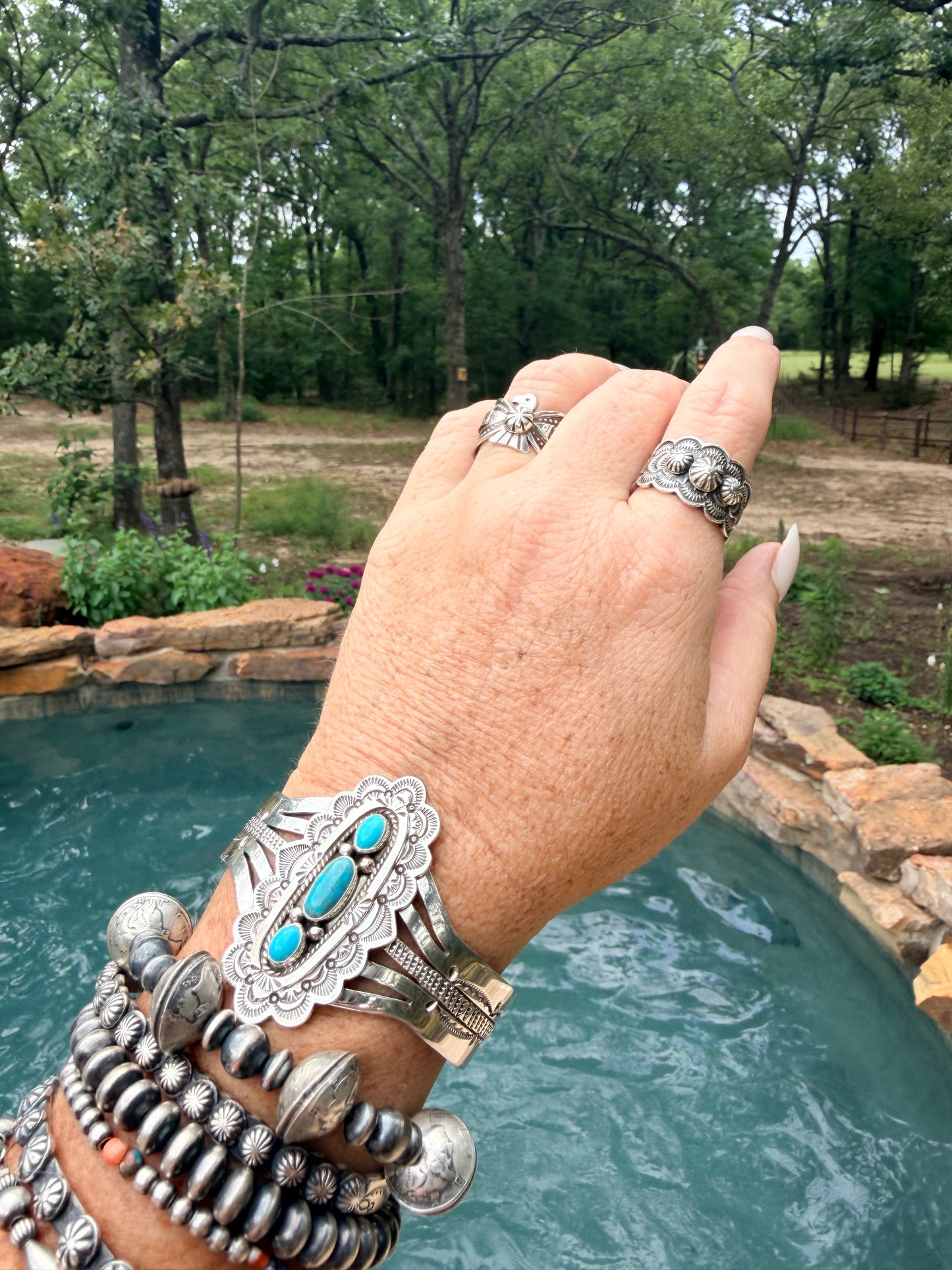 Native Made Silver & Turquoise Handstamped Bracelet by Eula Wylie