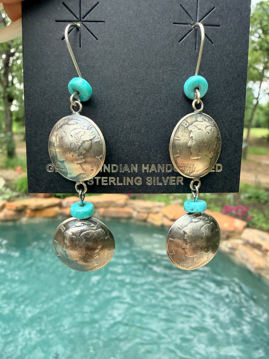 Turquoise & Liberty Mercury Dime Coin Dangle Earrings