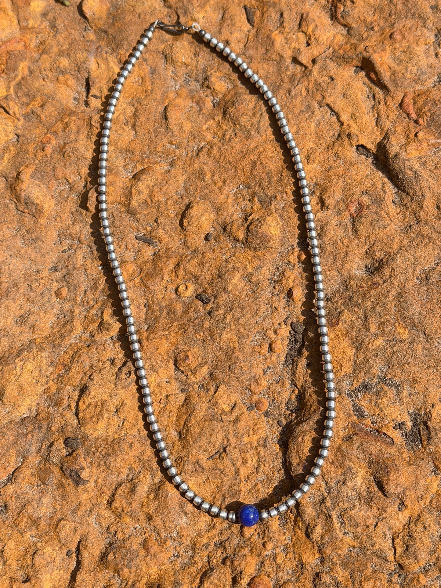 Native Made Lapis and Sterling Silver 4mm Pearl Necklace 20”