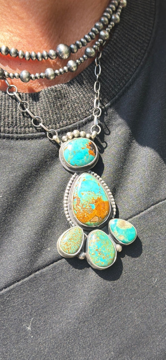 Native Made by Timothy Yazzie Evans, Turquoise & Sterling Silver Cluster Necklace