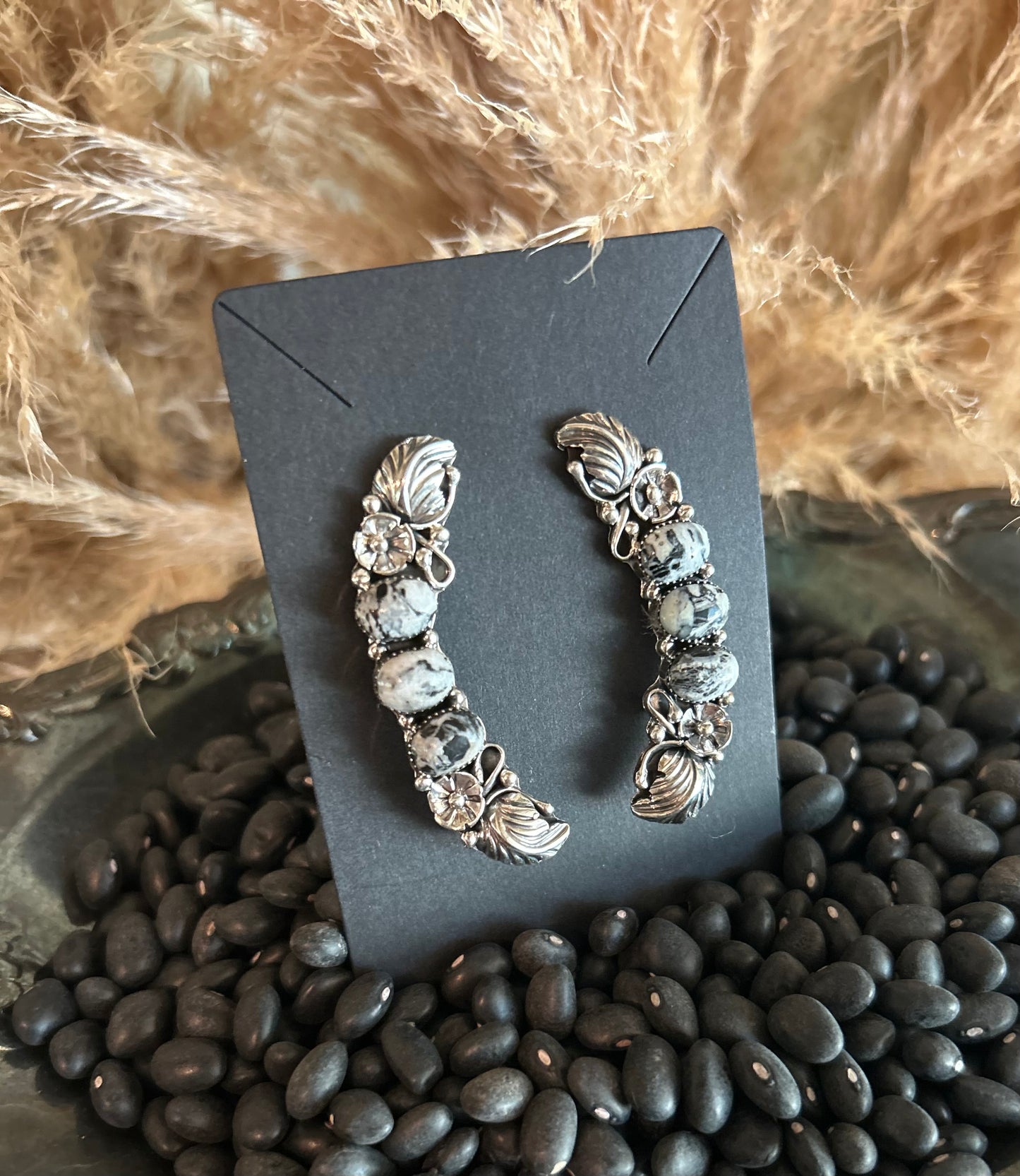 Authentic Silver White Buffalo Ear Crawlers with Flower and Leaf Detail by Gwendolyn Burnside stamped Running Bear