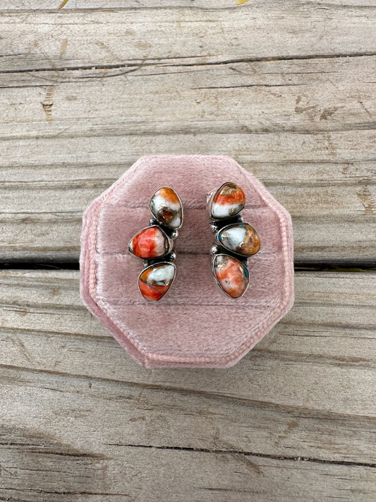 HANDMADE SPICE AND STERLING SILVER CRESCENT EARRINGS 3 STONE