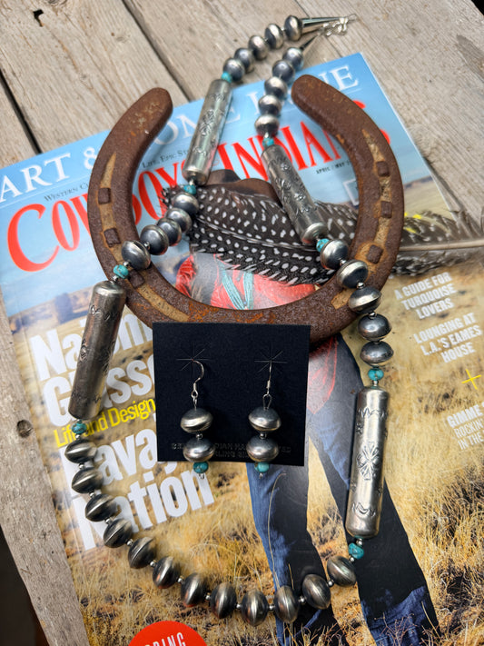 Sharon Cooley 30” Handmade, Handstamped Navajo Pearl Necklace and Earring Set