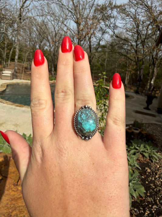Native American Sterling Silver Mine Number 8 Turquoise Ring By Charlie Yazzie . Ring size: 7