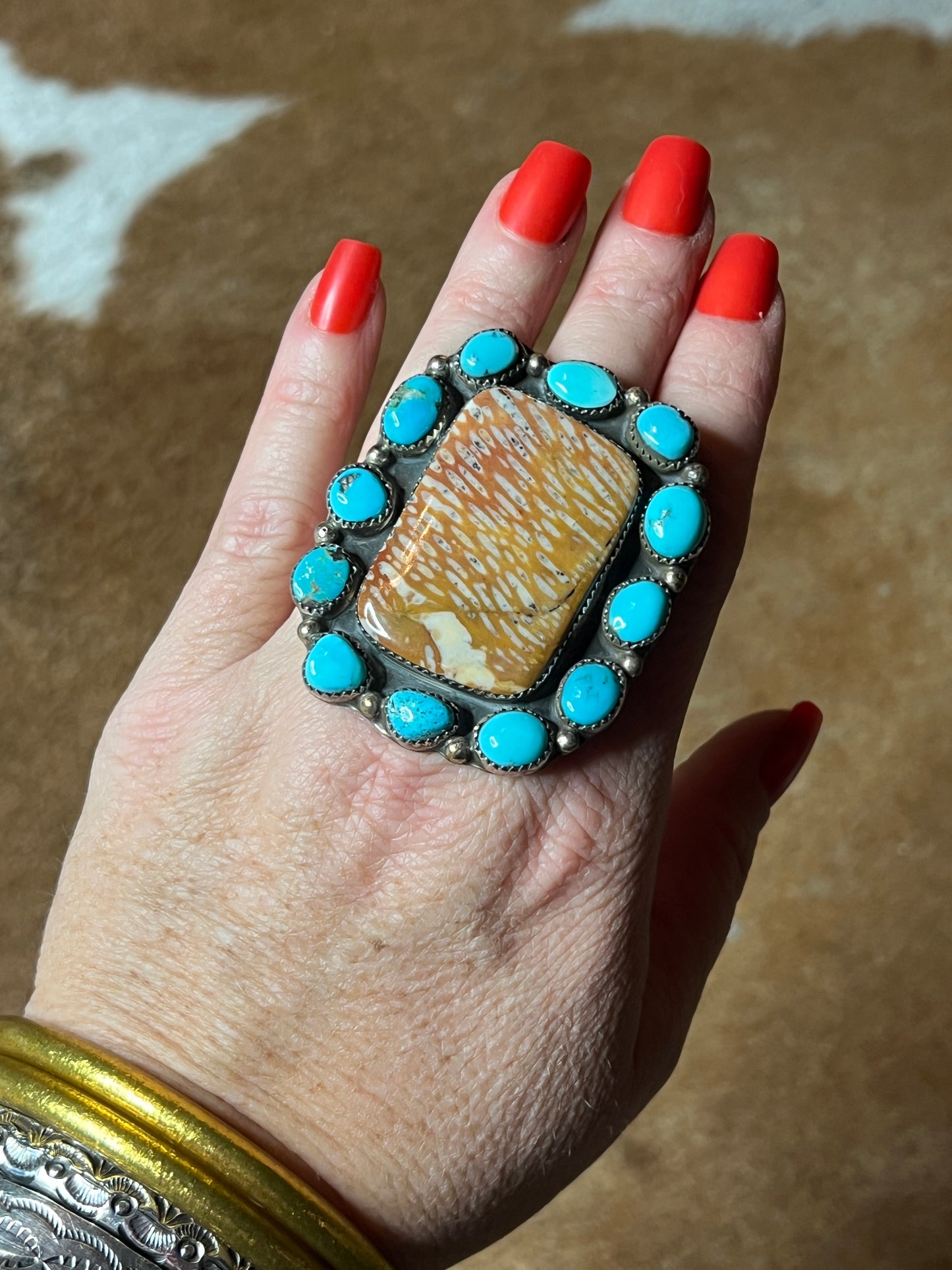 Extra Large Rare Deer Fawn Jasper and Turquoise Cluster Ring size 8.5