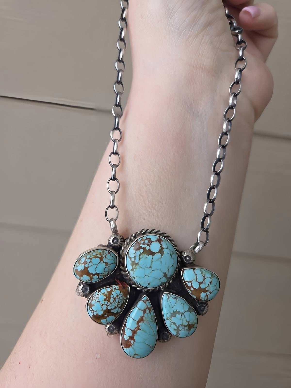 *AUTHENTIC* Navajo Sterling Silver & Mine Number 8 Turquoise Cluster Necklace by Augustine Largo