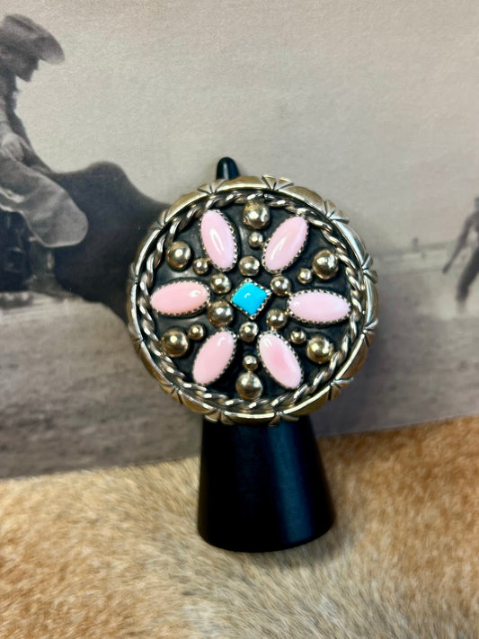 Navajo Pink Conch and Turquoise Cluster Ring Size 5 Sterling Silver J Begay