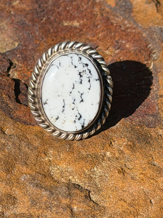 Native American Sterling Silver White Buffalo Adjustable Ring By L.C.