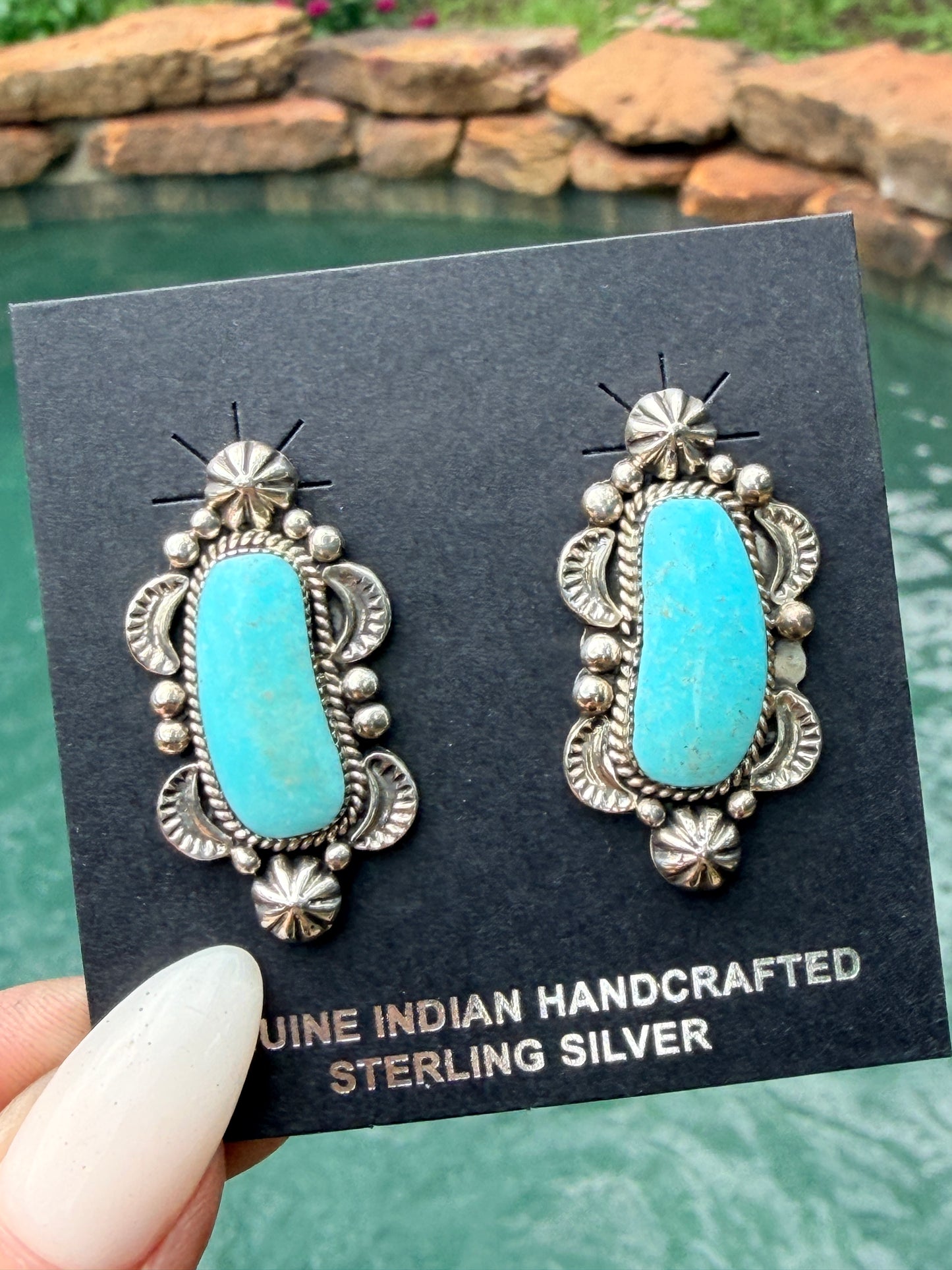 Native Made Detailed Sterling Silver and Turquoise Post Earrings by Sadie Jim