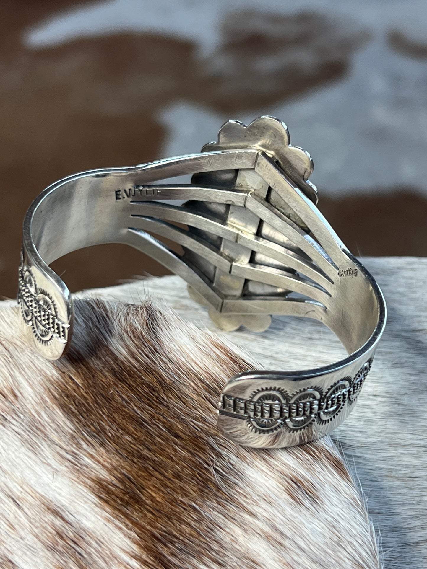 Native Made Silver & Turquoise Handstamped Bracelet by Eula Wylie