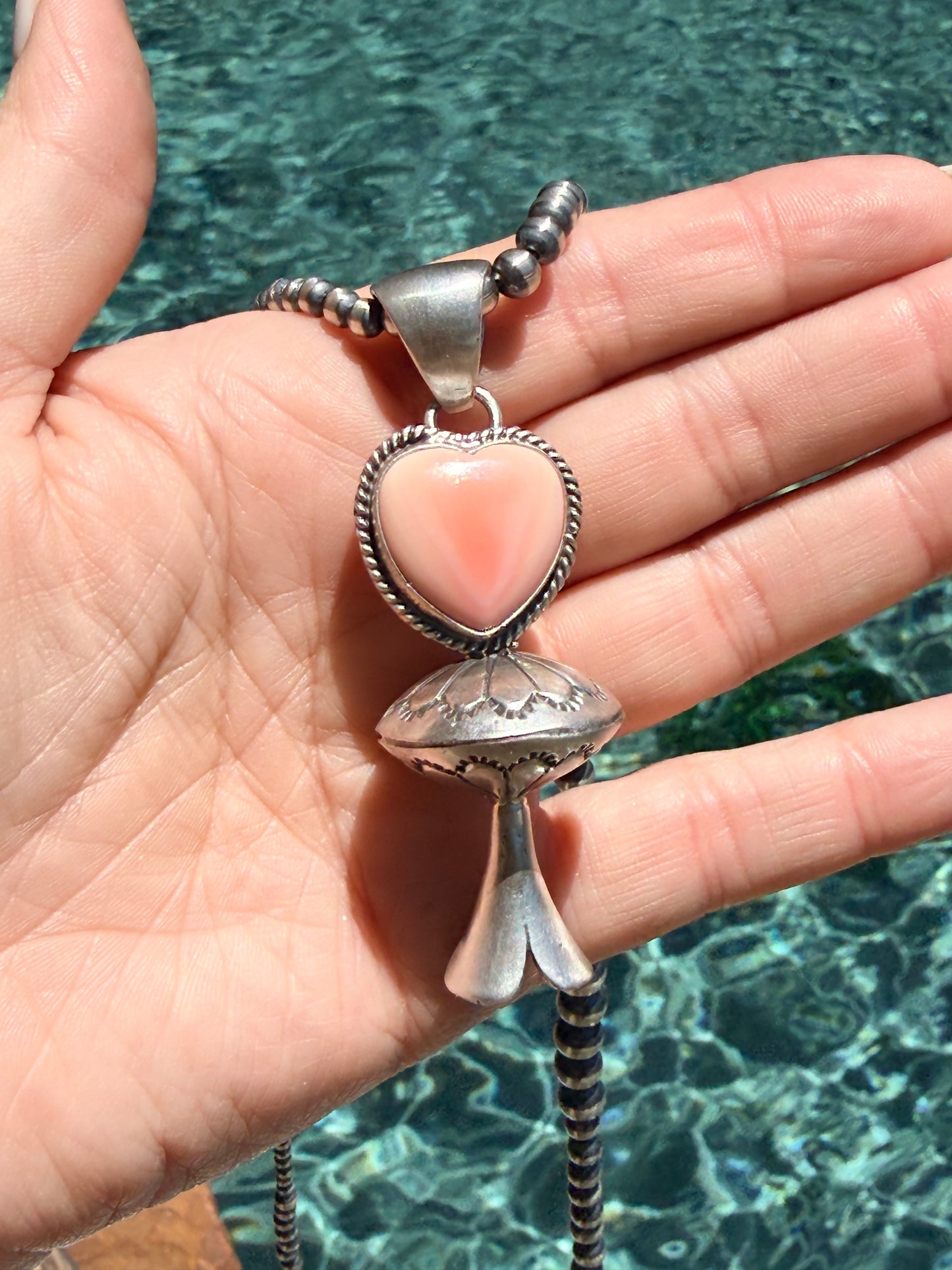 Native Made Sterling Silver & Queen Pink Conch Heart Blossom Pendant by Jon McCray