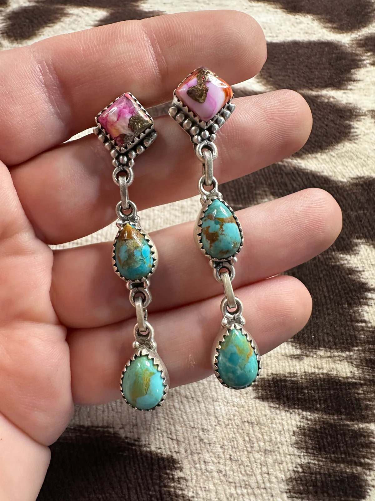 HANDMADE STERLING SILVER, PINK DREAM & TURQUOISE POST DANGLE EARRINGS